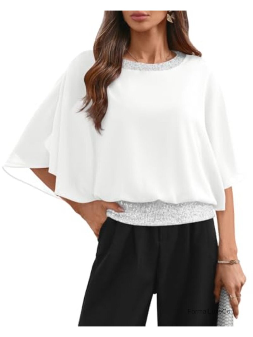 Sequin Batwing Sleeve Chiffon Formal Wedding Top Size S-XXL